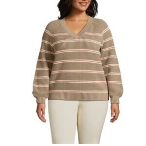 LANDS’ END Drifter Balloon Sleeve V-neck Sweater Striped Size XL 2492